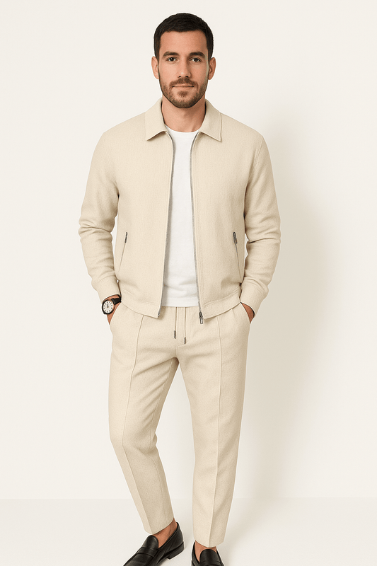 Zweiteiler – Reißverschluss – Kombi – Trainingsanzug – Herrenbekleidung-Beige-S-Chaps Herrenmode