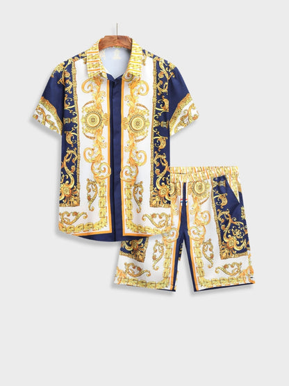 Zweiteiler Set | Kurzarm | Zum Zuknöpfen | Set | Sommerkleidung für Herren-Marineblau-S-Chaps Herrenmode