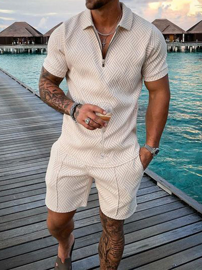 Zweiteiler Set – Sommer-Polohemd und Shorts für Herren-Beige-S-Chaps Herrenmode