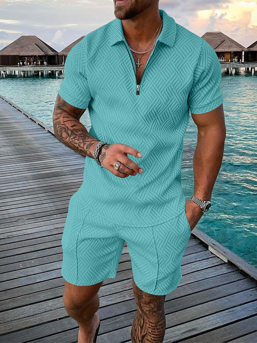 Zweiteiler Set – Sommer-Polohemd und Shorts für Herren-Himmelblau-S-Chaps Herrenmode