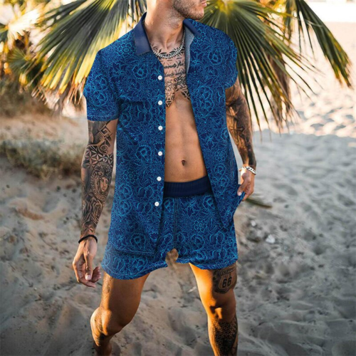 Zweiteiler – mit Knöpfen – Kurzarm – Hemd und Shorts – Sommerkleidung für Herren-Blau-M-Chaps Herrenmode