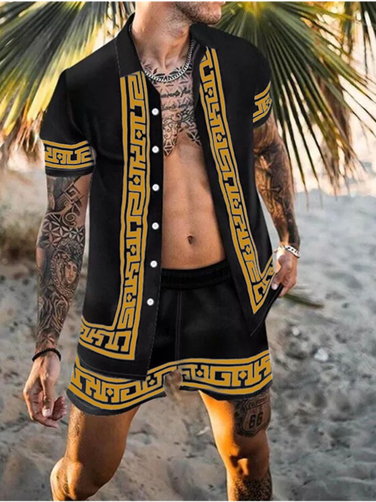 Zweiteiler – mit Knöpfen – Kurzarm – Hemd und Shorts – Sommerkleidung für Herren-Gold-M-Chaps Herrenmode