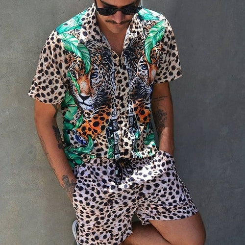 Zweiteiler – mit Knöpfen – Kurzarm – Hemd und Shorts – Sommerkleidung für Herren-Korallenrot-M-Chaps Herrenmode