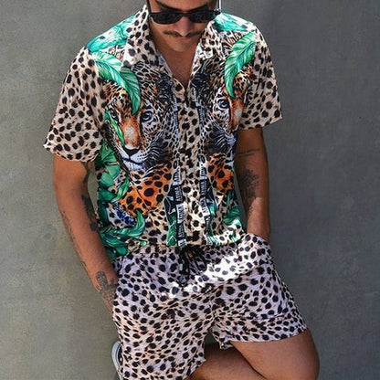 Zweiteiler – mit Knöpfen – Kurzarm – Hemd und Shorts – Sommerkleidung für Herren-Korallenrot-M-Chaps Herrenmode