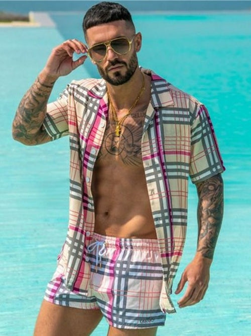 Zweiteiler – mit Knöpfen – Kurzarm – Hemd und Shorts – Sommerkleidung für Herren-Lila-M-Chaps Herrenmode