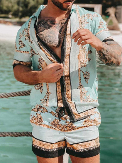 Zweiteiler – mit Knöpfen – Kurzarm – Hemd und Shorts – Sommerkleidung für Herren-Rotbraun-M-Chaps Herrenmode