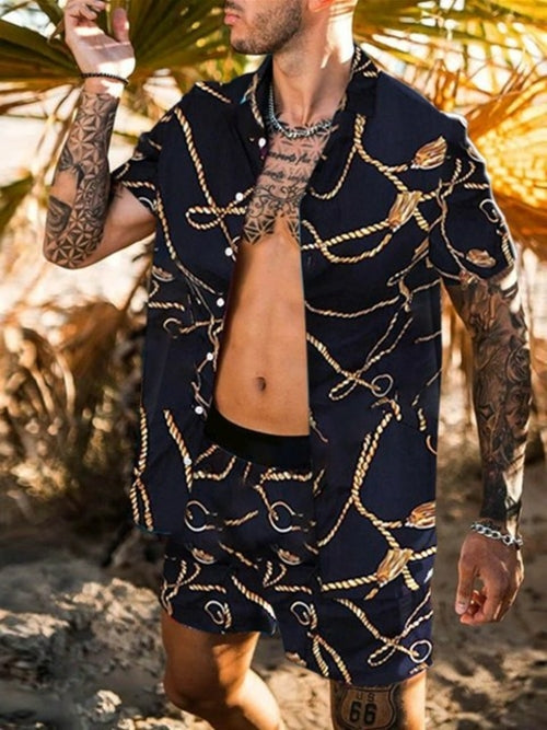 Zweiteiler – mit Knöpfen – Kurzarm – Hemd und Shorts – Sommerkleidung für Herren-Schwarz-M-Chaps Herrenmode