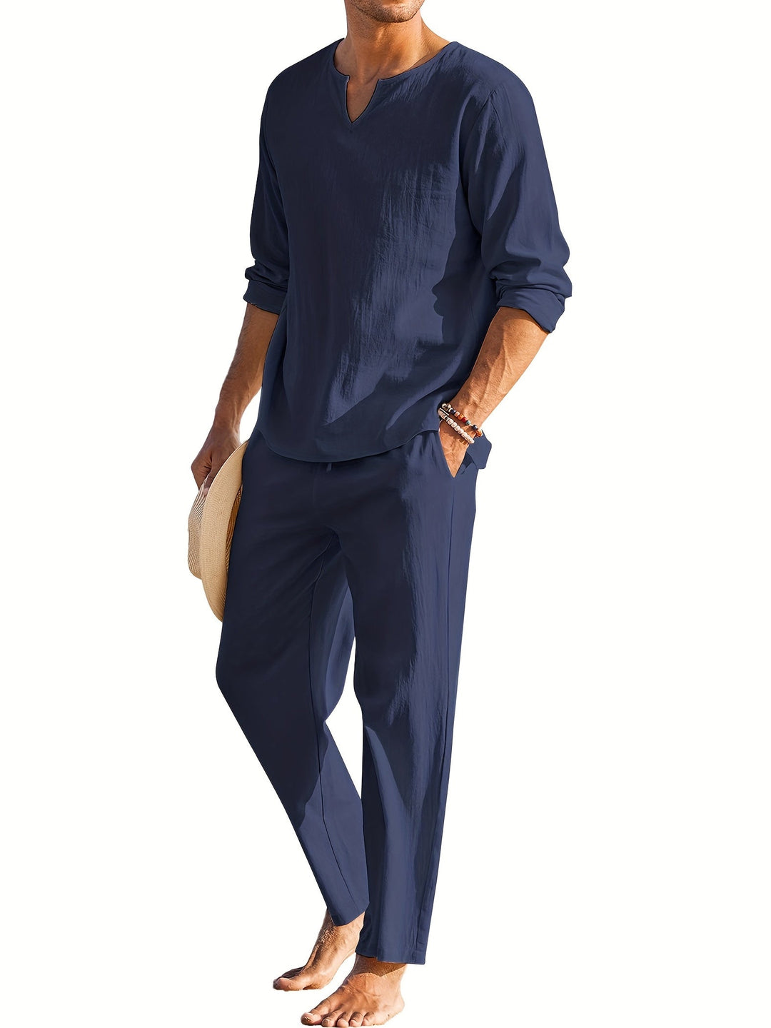 Zweiteiliges Leinenset - Casual - Langarm - Leinen Co Ord - Herren Sommerkleidung-Blau-S-Chaps Herrenmode