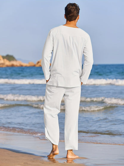 Zweiteiliges Leinenset - Casual - Langarm - Leinen Co Ord - Herren Sommerkleidung-Chaps Herrenmode