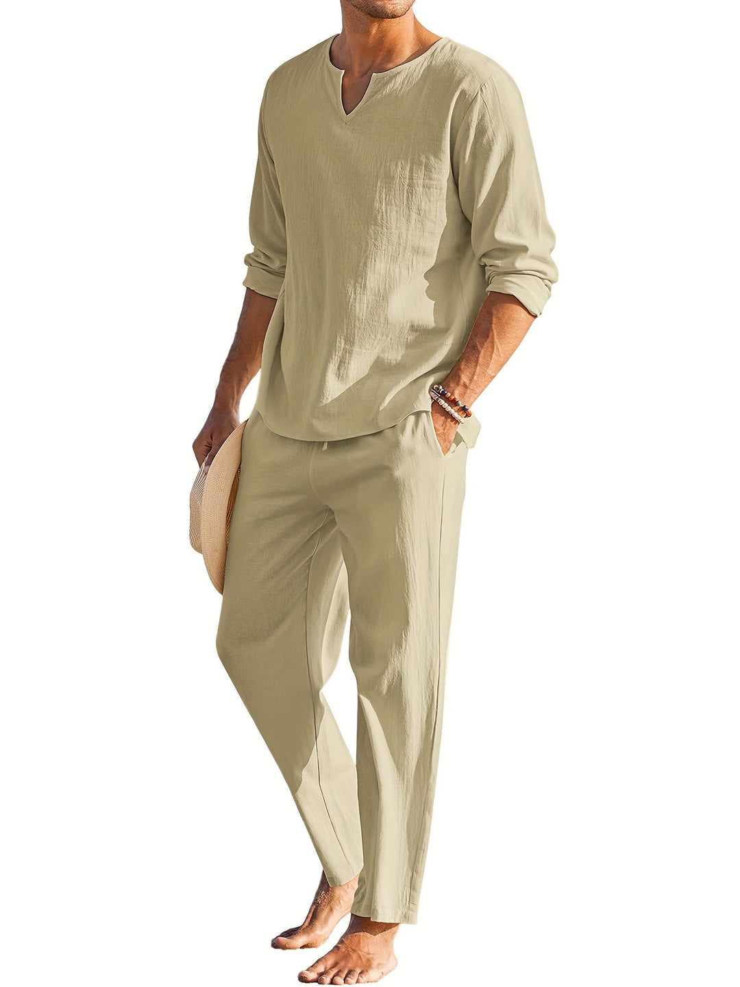 Zweiteiliges Leinenset - Casual - Langarm - Leinen Co Ord - Herren Sommerkleidung-Khaki-S-Chaps Herrenmode
