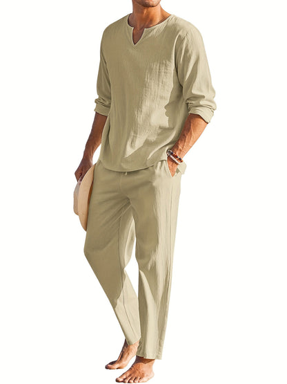 Zweiteiliges Leinenset - Casual - Langarm - Leinen Co Ord - Herren Sommerkleidung-Khaki-S-Chaps Herrenmode