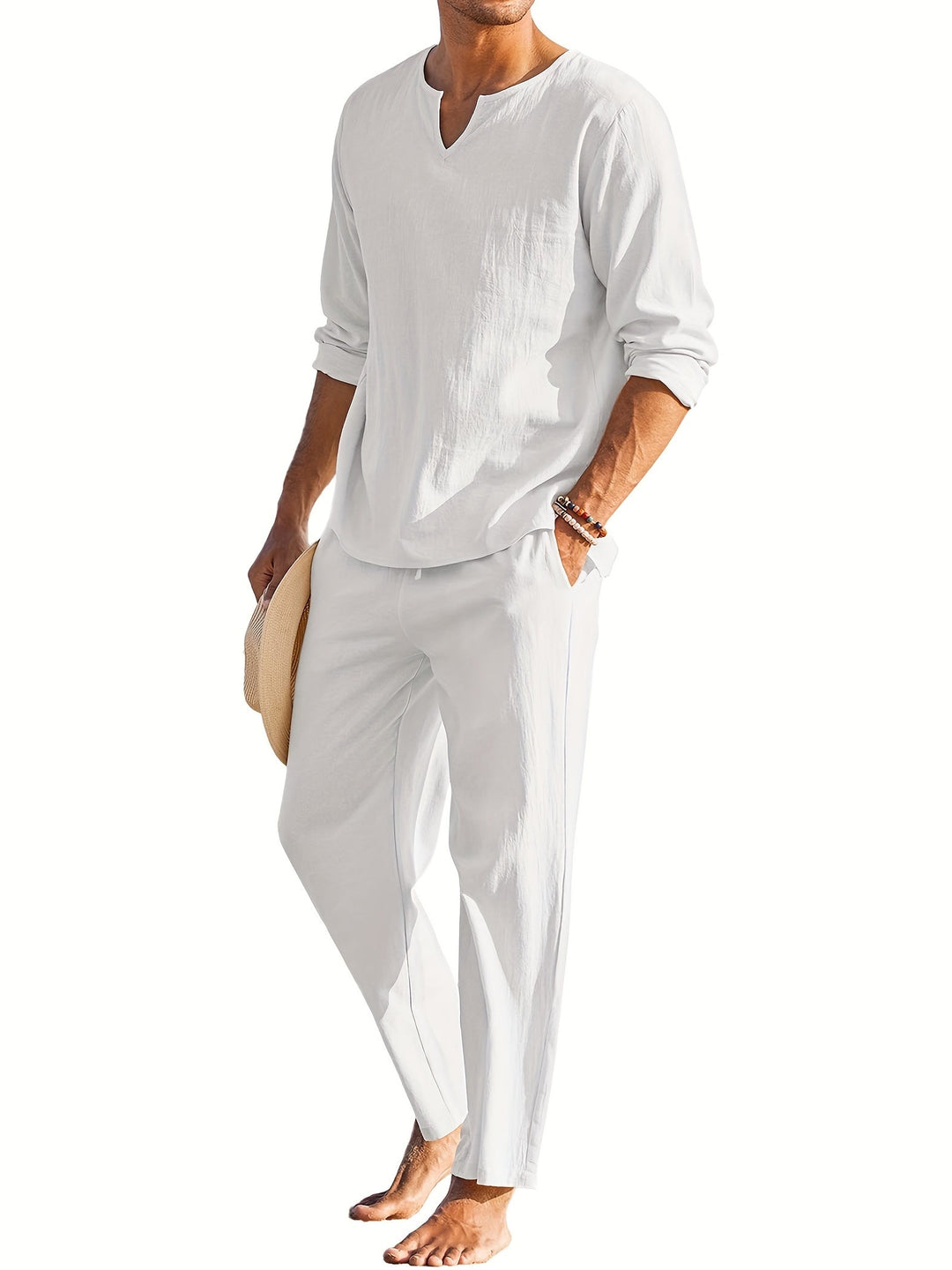 Zweiteiliges Leinenset - Casual - Langarm - Leinen Co Ord - Herren Sommerkleidung-Weiß-S-Chaps Herrenmode