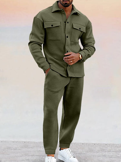 Zweiteiliges Set | Button-Up | Jogger | Co-Ord Set | Herrenbekleidung-Armeegrün-S-Chaps Herrenmode