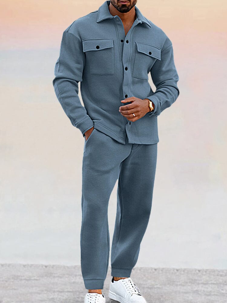 Zweiteiliges Set | Button-Up | Jogger | Co-Ord Set | Herrenbekleidung-Blau-S-Chaps Herrenmode