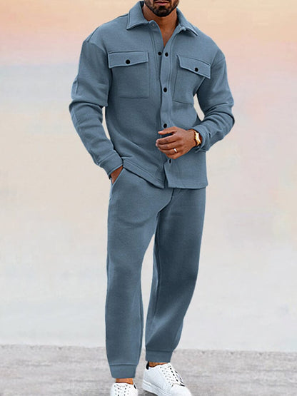 Zweiteiliges Set | Button-Up | Jogger | Co-Ord Set | Herrenbekleidung-Blau-S-Chaps Herrenmode