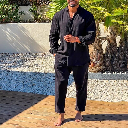 Zweiteiliges Set | Button-Up | Langarm | Leinen Co-Ord Set | Herrenbekleidung-Schwarz-XS-Chaps Herrenmode