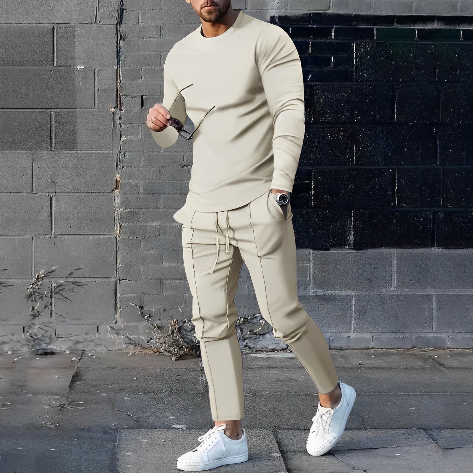 Zweiteiliges Set - Herren Casual Langarm Hose mit Kordelzug Passendes Set-Aprikose-S-Chaps Herrenmode