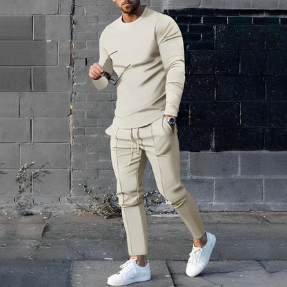 Zweiteiliges Set - Herren Casual Langarm Hose mit Kordelzug Passendes Set-Aprikose-S-Chaps Herrenmode