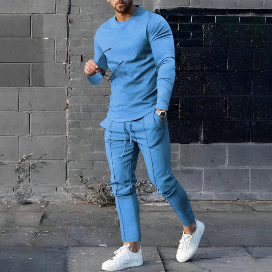 Zweiteiliges Set - Herren Casual Langarm Hose mit Kordelzug Passendes Set-Blau-S-Chaps Herrenmode