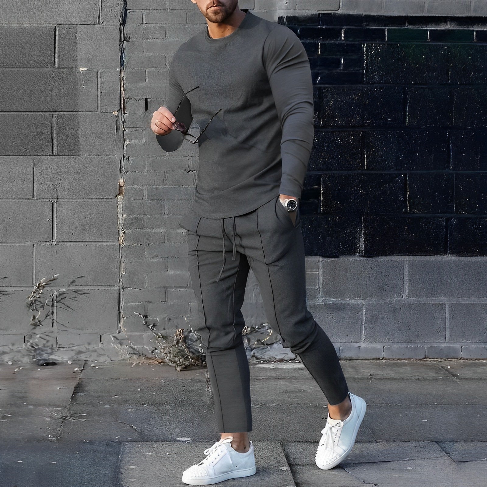 Zweiteiliges Set - Herren Casual Langarm Hose mit Kordelzug Passendes Set-Morkgra-S-Chaps Herrenmode