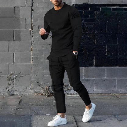 Zweiteiliges Set - Herren Casual Langarm Hose mit Kordelzug Passendes Set-Schwarz-S-Chaps Herrenmode