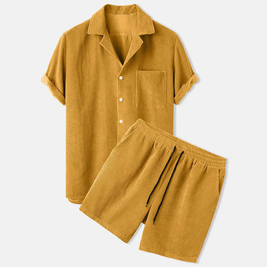 Zweiteiliges Set | Kurzarm | Cord | Set aus Shorts und Hemd | Herren-Kombi-Set-Gelb-S-Chaps Herrenmode