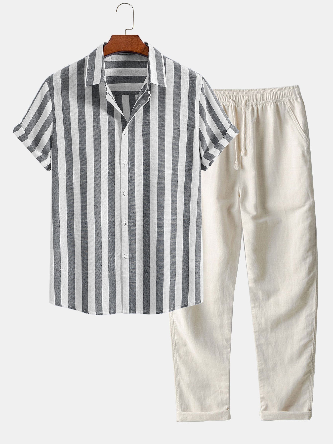 Zweiteiliges Set | Kurzarm | Leinen | Hemd- und Hosenset | Sommerkleidung für Männer-Grau-S-Chaps Herrenmode