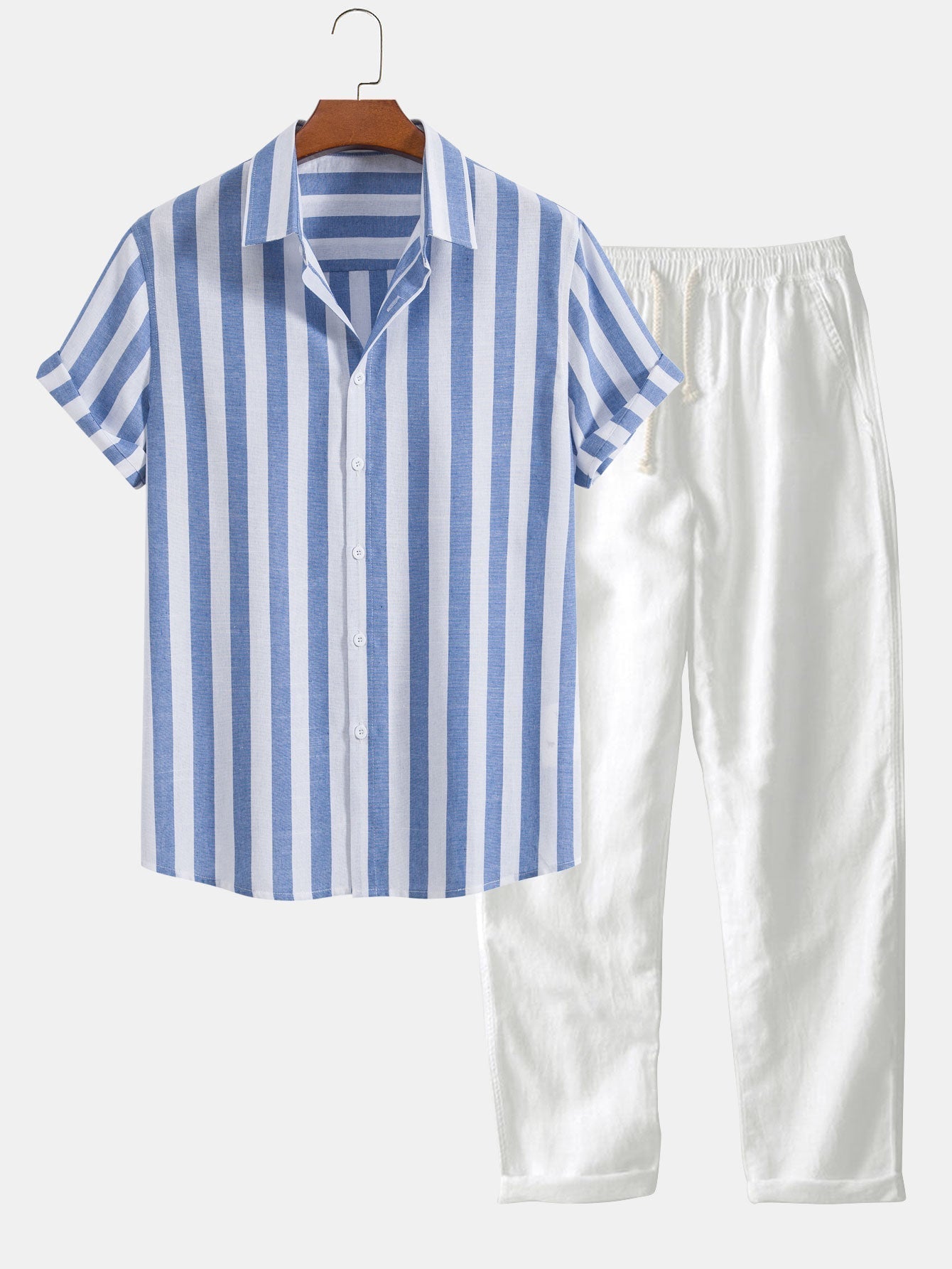 Zweiteiliges Set | Kurzarm | Leinen | Hemd- und Hosenset | Sommerkleidung für Männer-Hellblau-S-Chaps Herrenmode