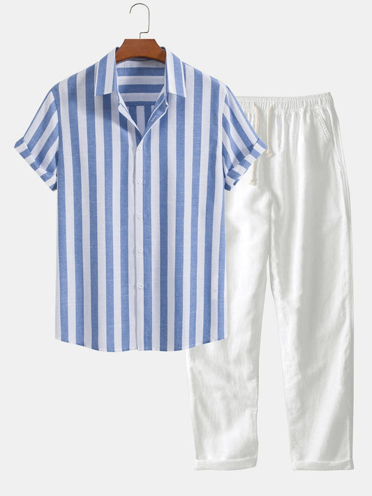 Zweiteiliges Set | Kurzarm | Leinen | Hemd- und Hosenset | Sommerkleidung für Männer-Hellblau-S-Chaps Herrenmode