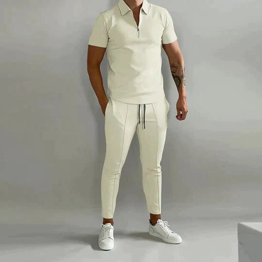 Zweiteiliges Set - Kurzarm - Poloshirt - Co-Ord Set - Herrenbekleidung-Beige-S-Chaps Herrenmode
