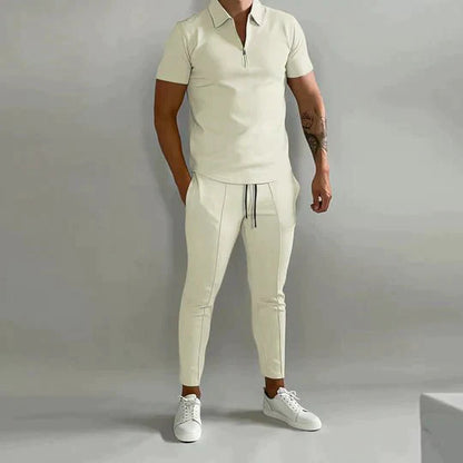 Zweiteiliges Set - Kurzarm - Poloshirt - Co-Ord Set - Herrenbekleidung-Beige-S-Chaps Herrenmode