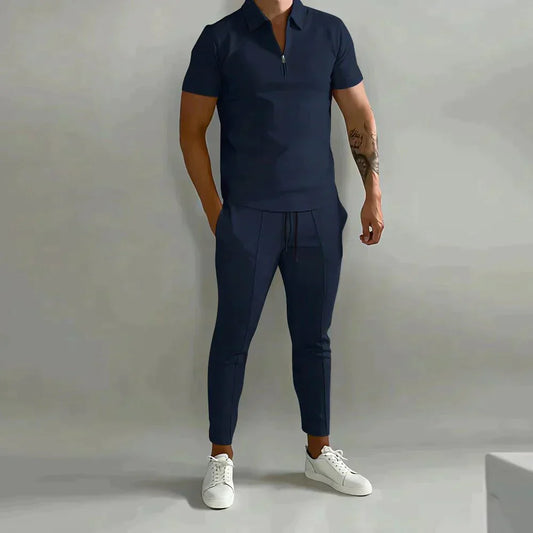 Zweiteiliges Set - Kurzarm - Poloshirt - Co-Ord Set - Herrenbekleidung-Marineblau-S-Chaps Herrenmode