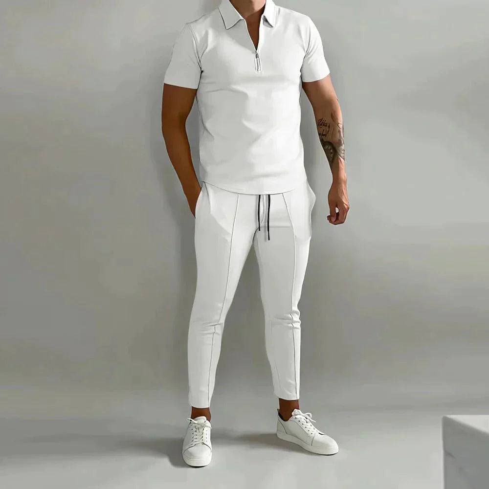 Zweiteiliges Set - Kurzarm - Poloshirt - Co-Ord Set - Herrenbekleidung-Weiß-S-Chaps Herrenmode