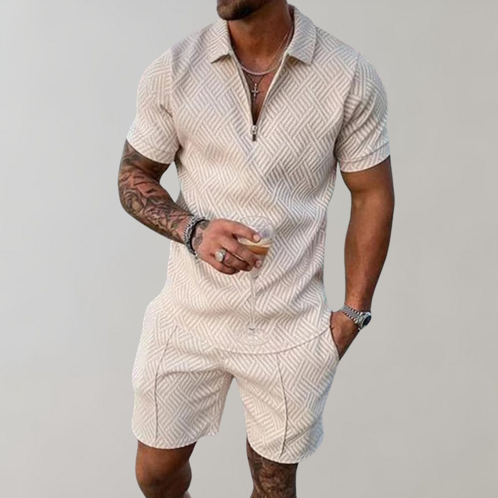 Zweiteiliges Set | Kurzarm | Poloshirt | Shirt & Shorts Set | Herrenbekleidung-Beige-S-Chaps Herrenmode