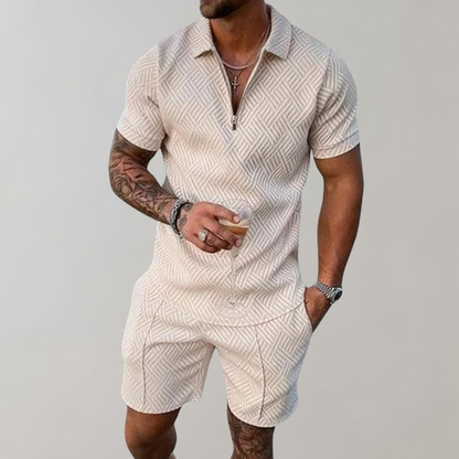 Zweiteiliges Set | Kurzarm | Poloshirt | Shirt & Shorts Set | Herrenbekleidung-Beige-S-Chaps Herrenmode