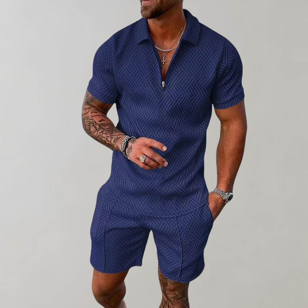 Zweiteiliges Set | Kurzarm | Poloshirt | Shirt & Shorts Set | Herrenbekleidung-Marineblau-S-Chaps Herrenmode