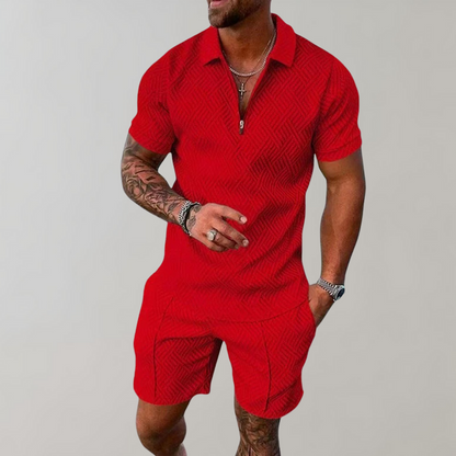 Zweiteiliges Set | Kurzarm | Poloshirt | Shirt & Shorts Set | Herrenbekleidung-Rot-S-Chaps Herrenmode