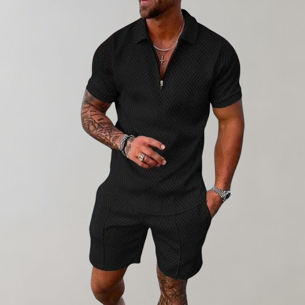 Zweiteiliges Set | Kurzarm | Poloshirt | Shirt & Shorts Set | Herrenbekleidung-Schwarz-S-Chaps Herrenmode