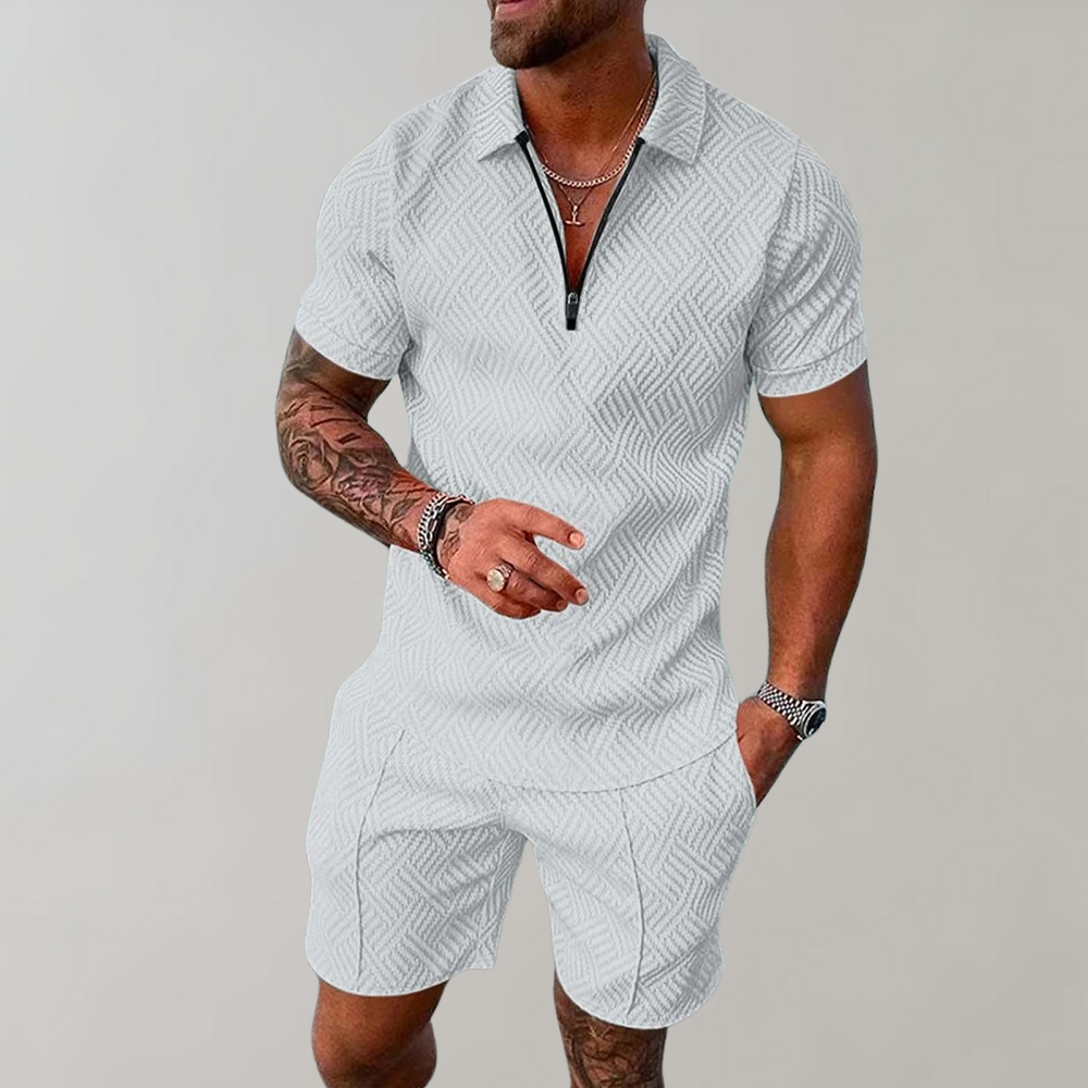 Zweiteiliges Set | Kurzarm | Poloshirt | Shirt & Shorts Set | Herrenbekleidung-Weiß-S-Chaps Herrenmode