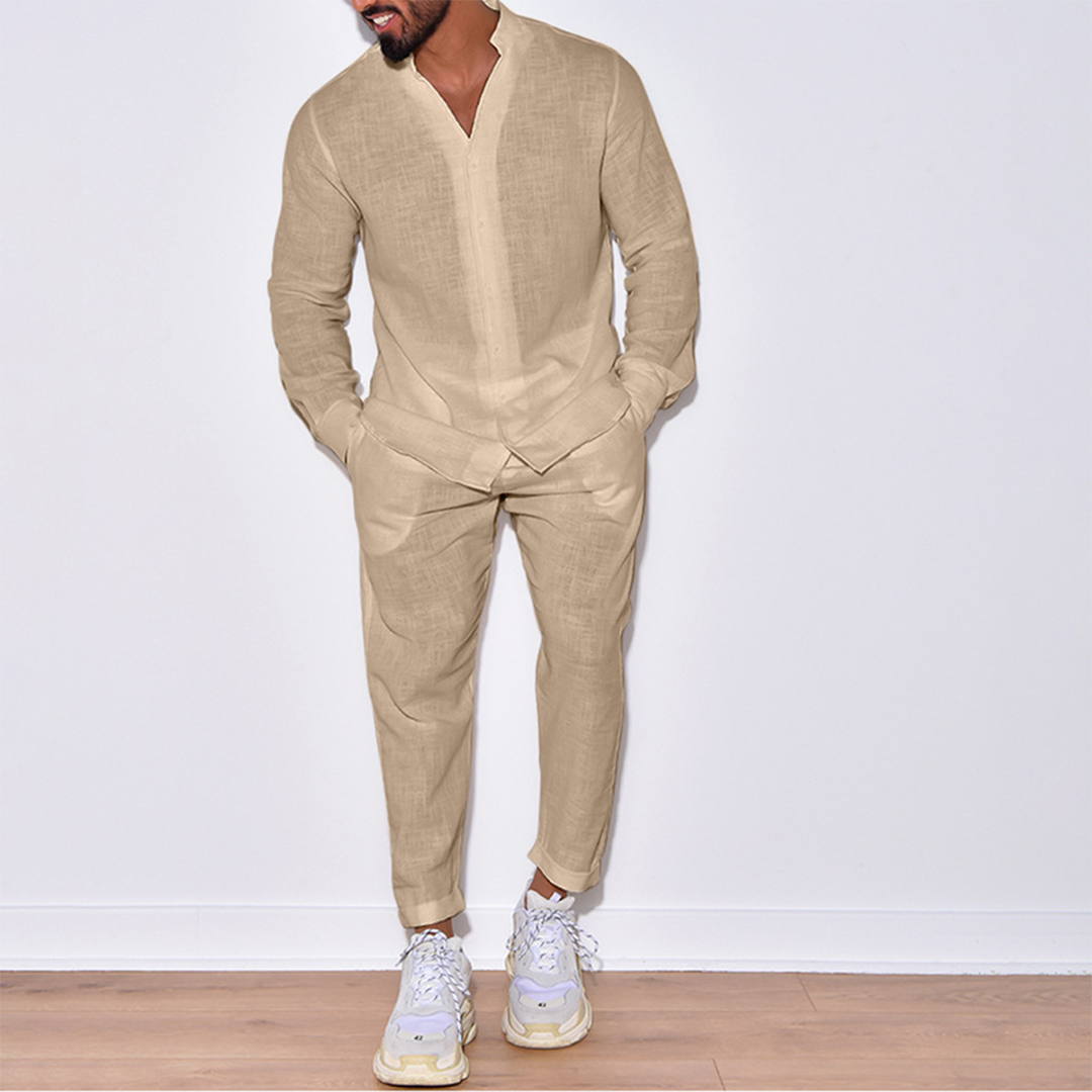 Zweiteiliges Set | Langarm | Button-Up | Leinenkleidung | Herren Co-Ord Set-Beige-S-Chaps Herrenmode
