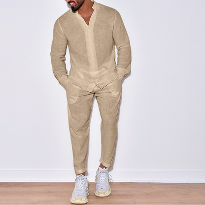 Zweiteiliges Set | Langarm | Button-Up | Leinenkleidung | Herren Co-Ord Set-Beige-S-Chaps Herrenmode