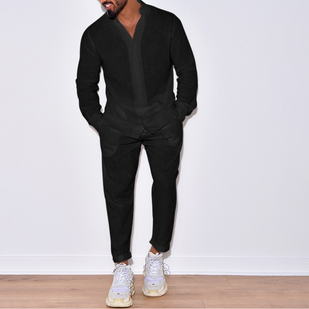 Zweiteiliges Set | Langarm | Button-Up | Leinenkleidung | Herren Co-Ord Set-Schwarz-S-Chaps Herrenmode