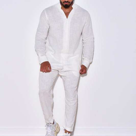 Zweiteiliges Set | Langarm | Button-Up | Leinenkleidung | Herren Co-Ord Set-Weiß-S-Chaps Herrenmode