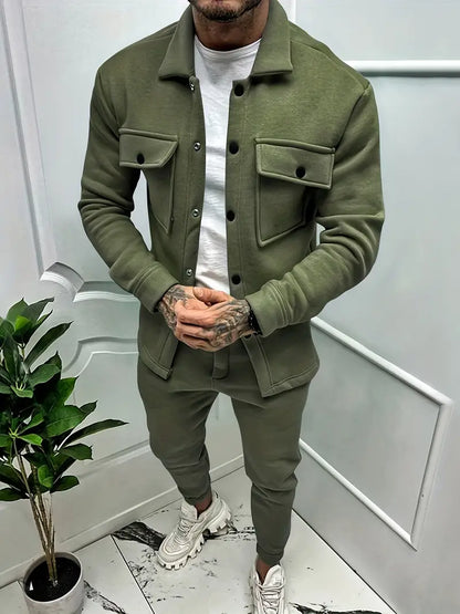Zweiteiliges Set - Langarm - Überhemd - Co-Ord Set - Herrenbekleidung-Armeegrün-S-Chaps Herrenmode