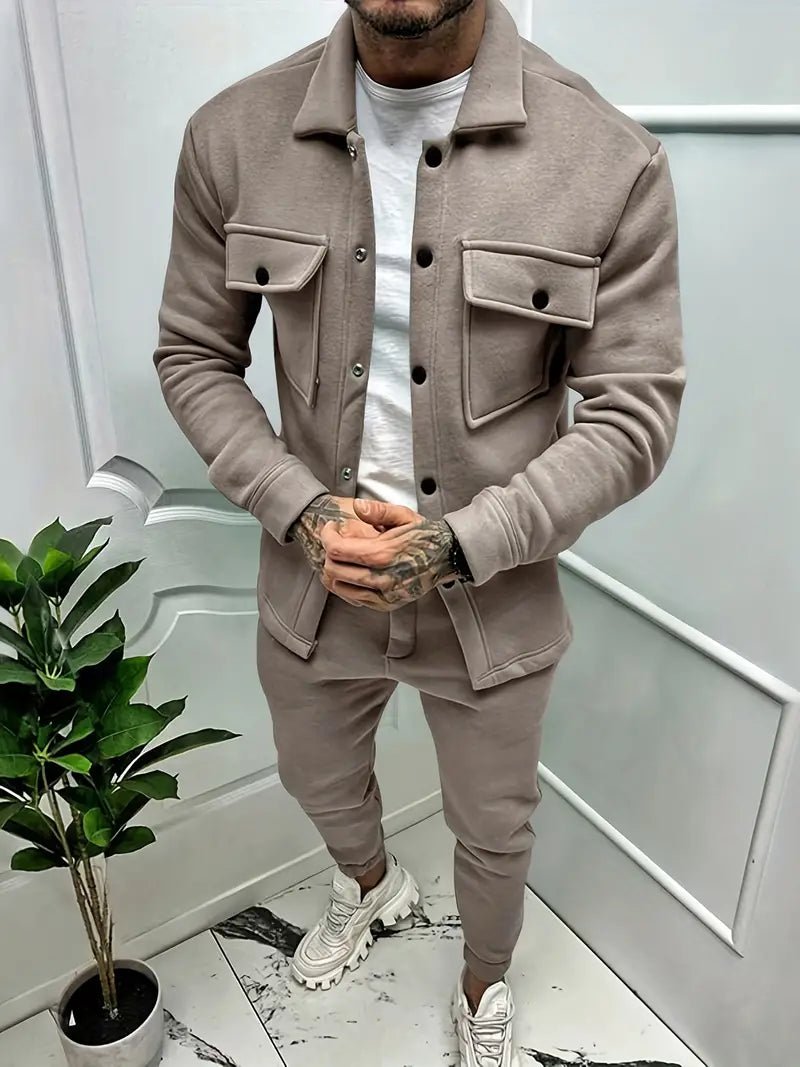 Zweiteiliges Set - Langarm - Überhemd - Co-Ord Set - Herrenbekleidung-Khakifarben-S-Chaps Herrenmode
