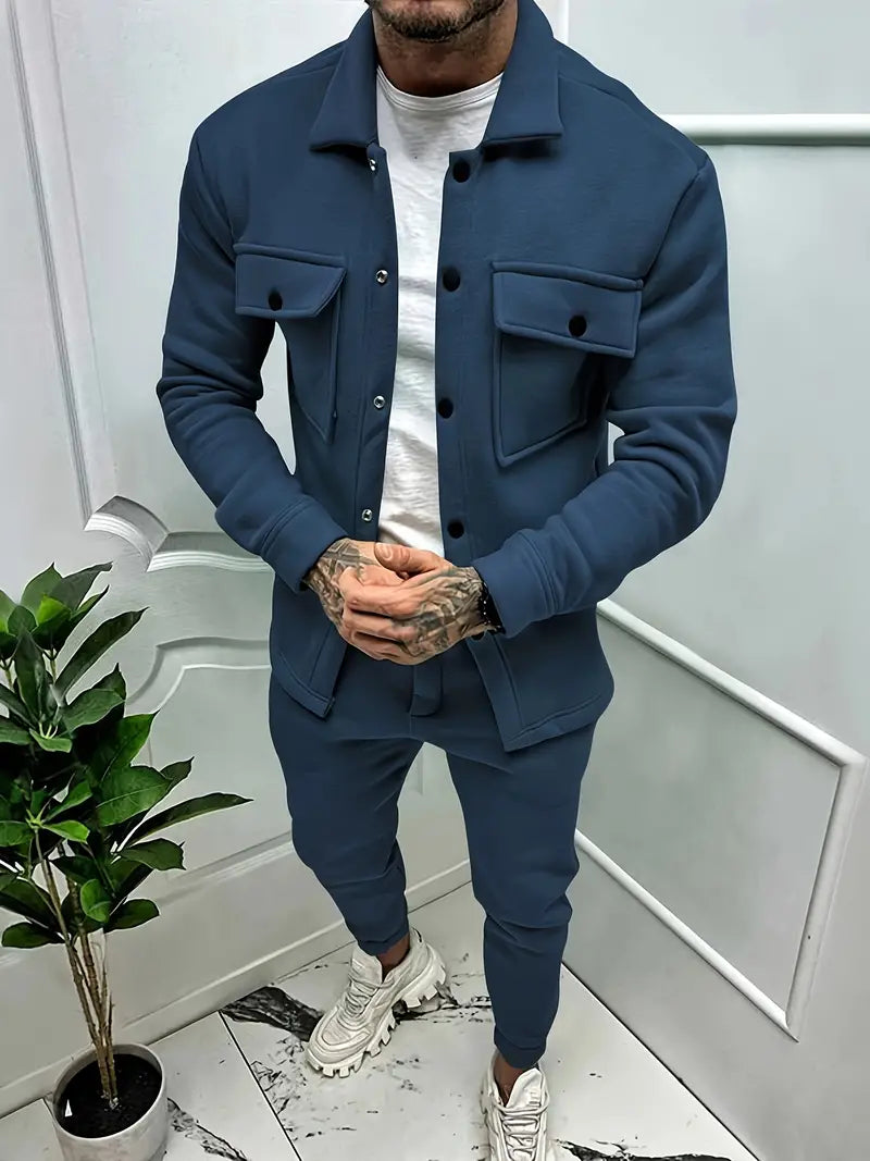 Zweiteiliges Set - Langarm - Überhemd - Co-Ord Set - Herrenbekleidung-Marineblau-S-Chaps Herrenmode