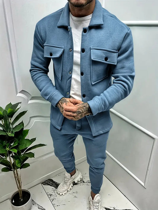 Zweiteiliges Set - Langarm - Überhemd - Co-Ord Set - Herrenbekleidung-Meeresblau-S-Chaps Herrenmode