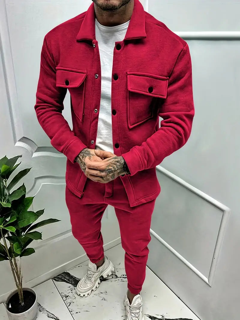 Zweiteiliges Set - Langarm - Überhemd - Co-Ord Set - Herrenbekleidung-Rot-S-Chaps Herrenmode