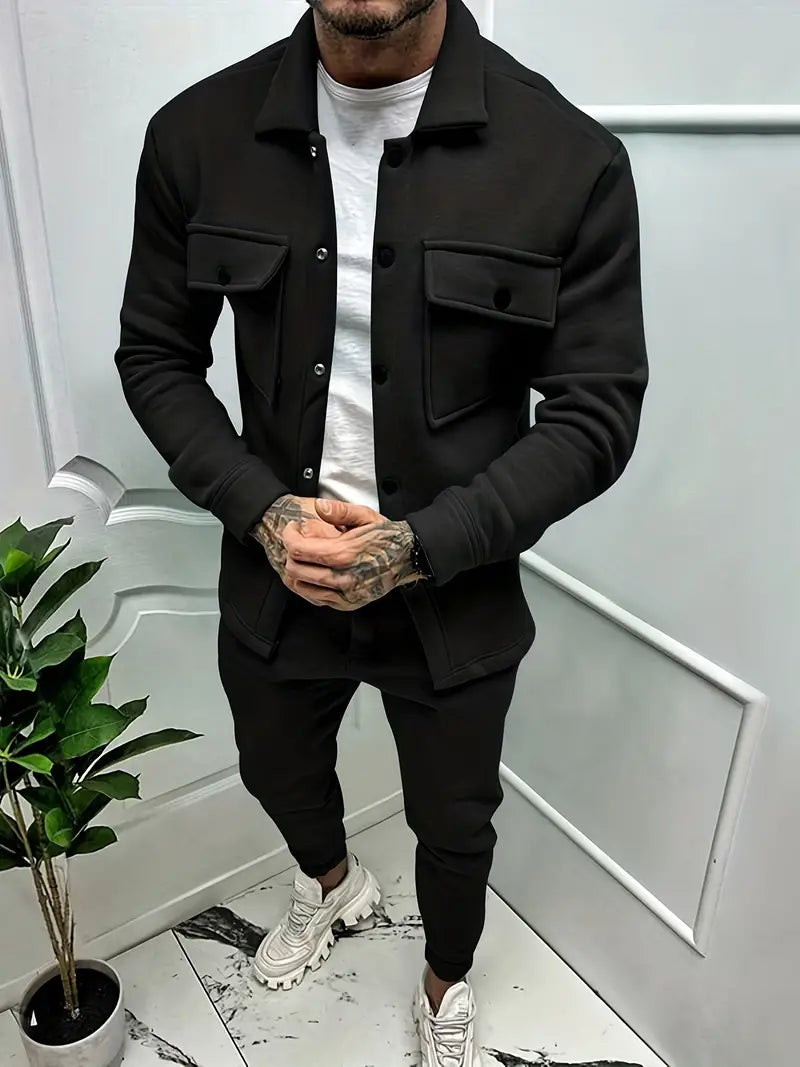 Zweiteiliges Set - Langarm - Überhemd - Co-Ord Set - Herrenbekleidung-Schwarz-S-Chaps Herrenmode