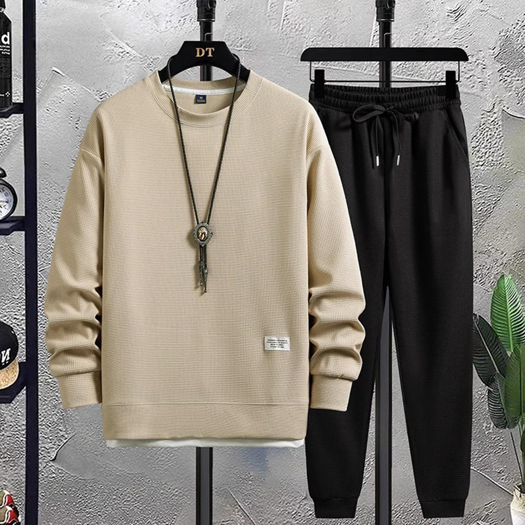 Zweiteiliges Set – Lässiges Jogging-Sweatshirt-Set für Männer-Beige-Schwarz-M-Chaps Herrenmode